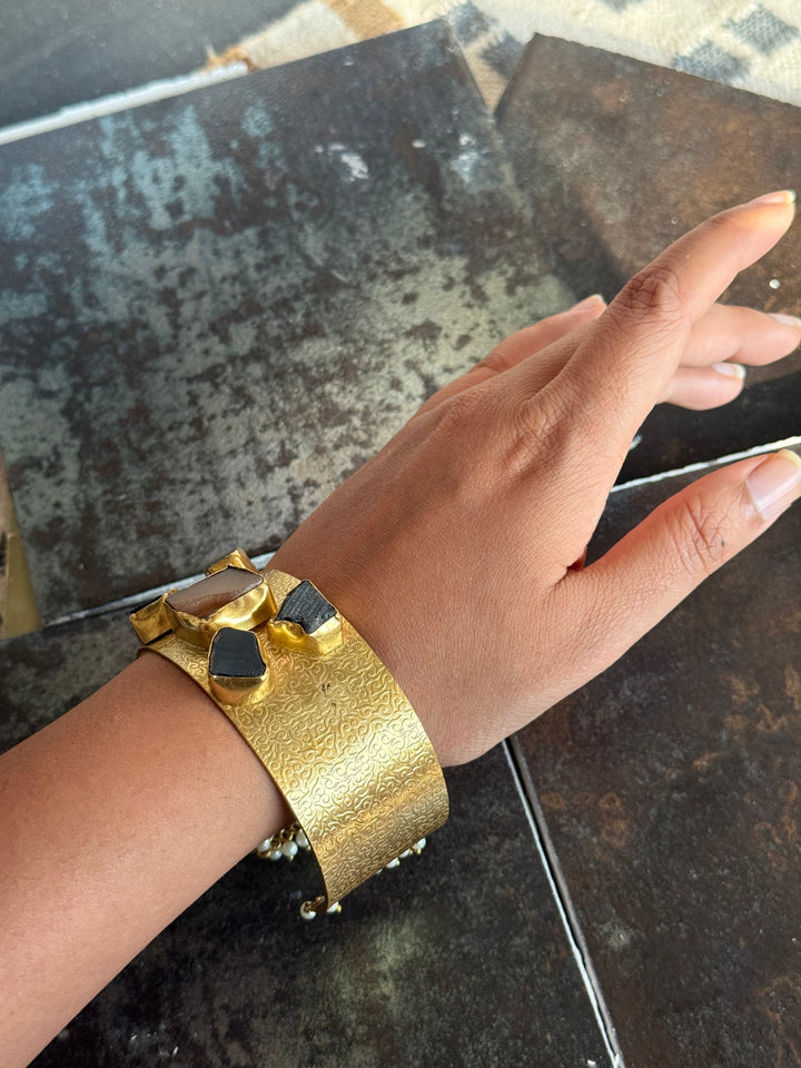 SHIVKA Designer Stone Brass Cuff | Adjustable Open Bracelet | Statement Festive Wear | 73g
