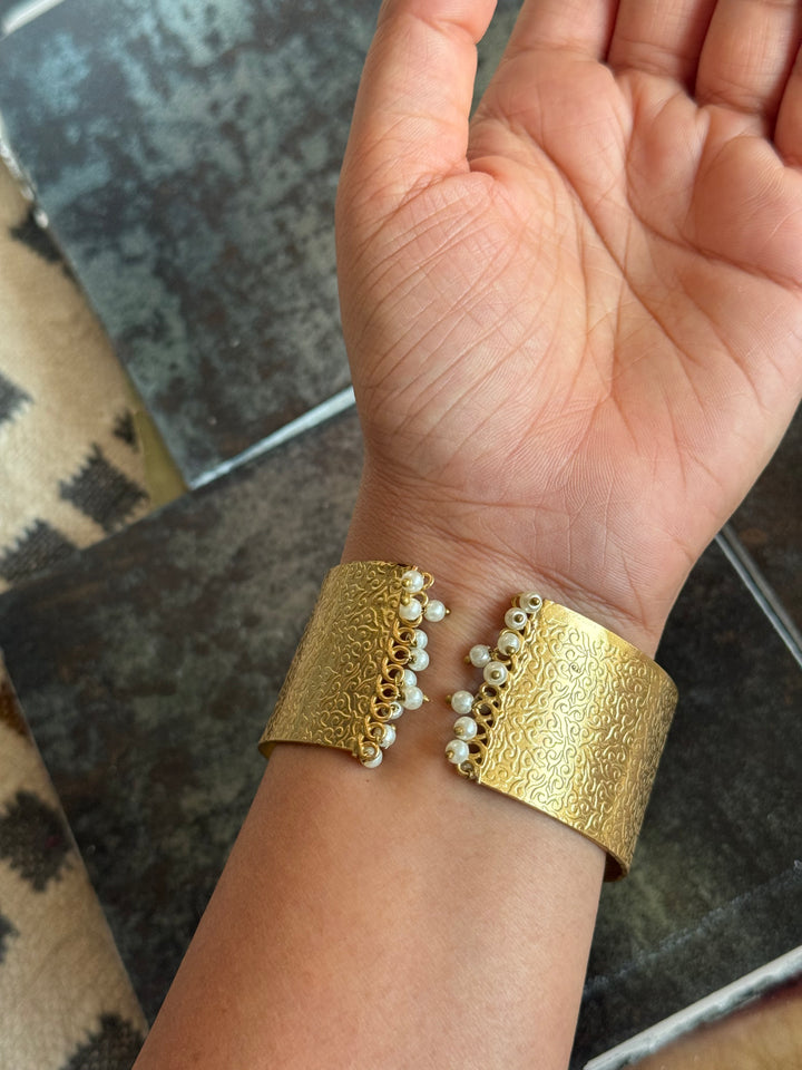 SHIVKA Designer Stone Brass Cuff | Adjustable Open Bracelet | Statement Festive Wear | 73g