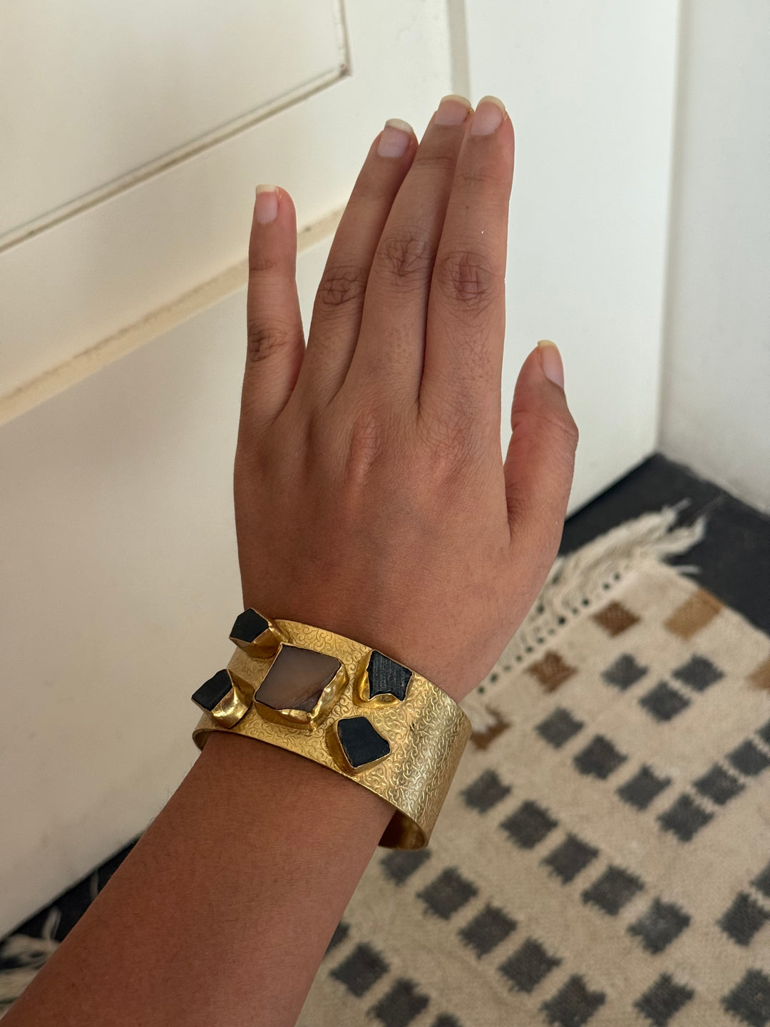 SHIVKA Designer Stone Brass Cuff | Adjustable Open Bracelet | Statement Festive Wear | 73g