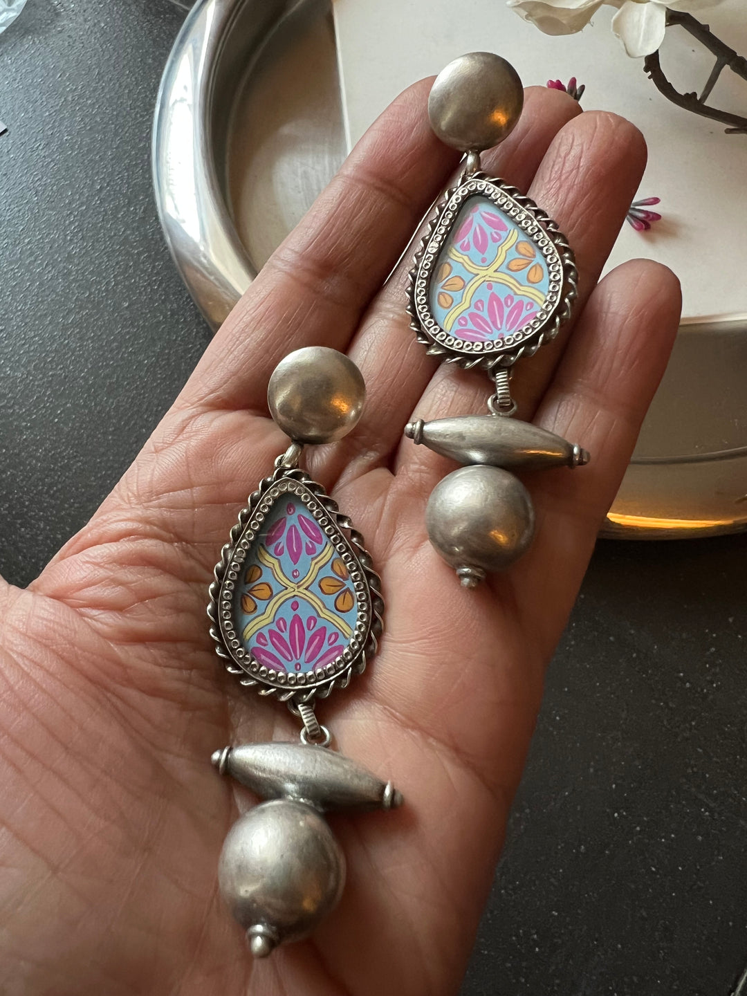 Hand Painted Pure 925 Silver Earrings