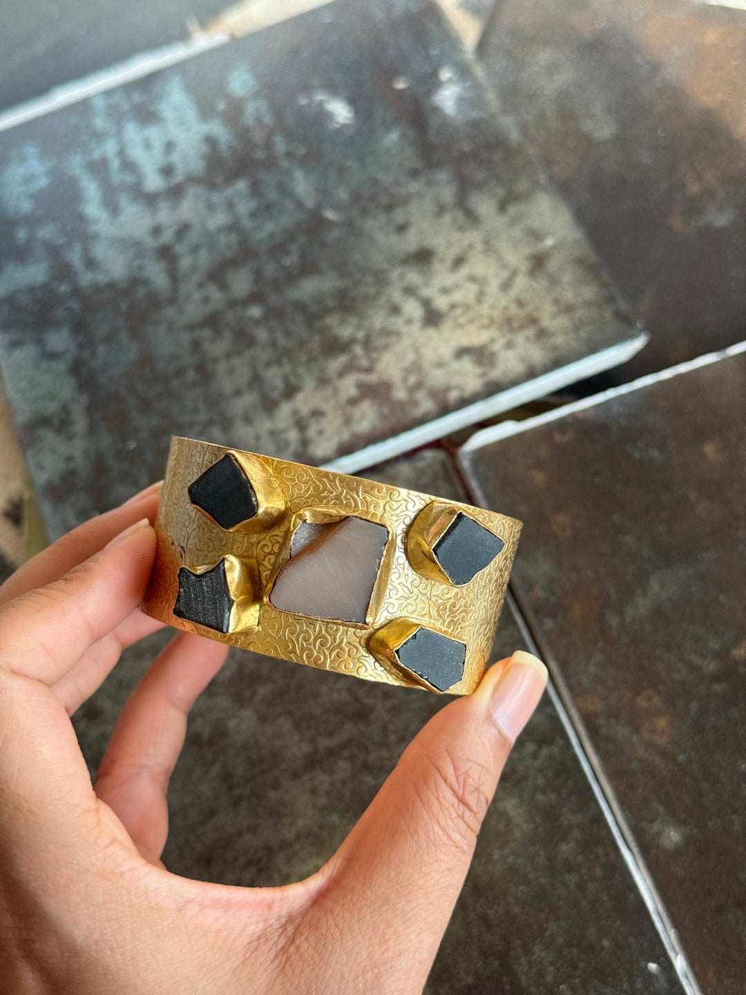 SHIVKA Designer Stone Brass Cuff | Adjustable Open Bracelet | Statement Festive Wear | 73g