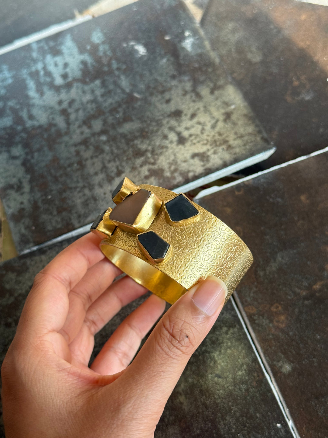SHIVKA Designer Stone Brass Cuff | Adjustable Open Bracelet | Statement Festive Wear | 73g