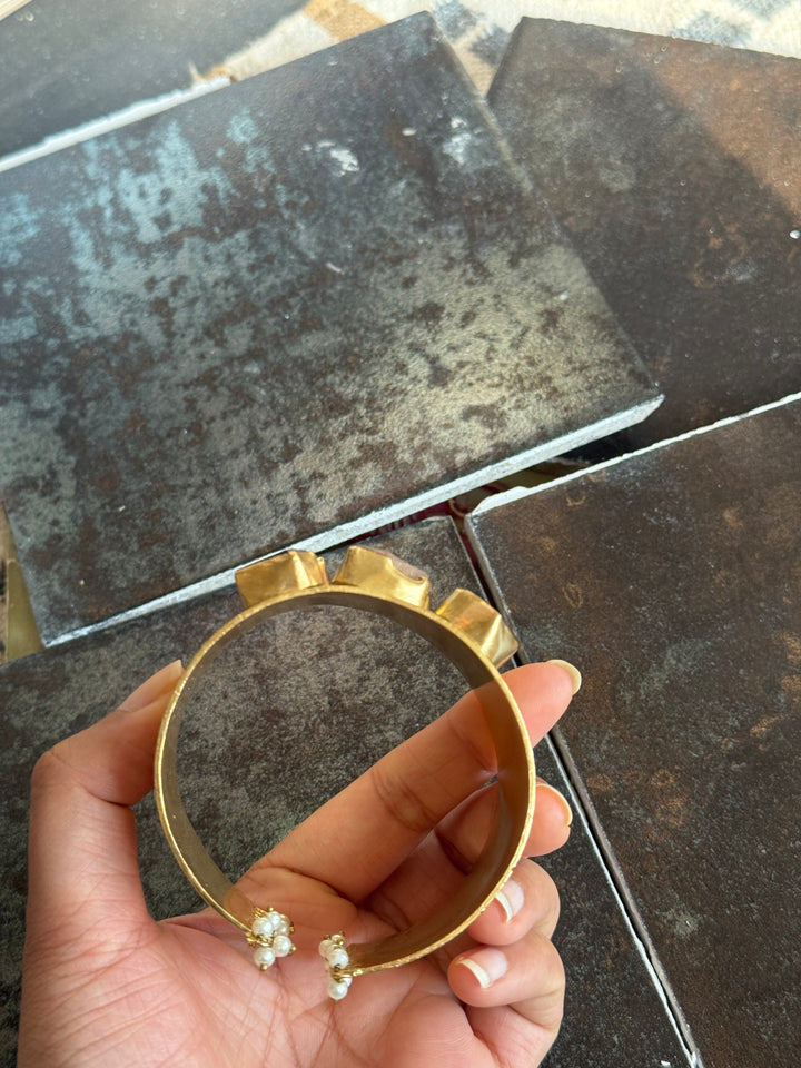 SHIVKA Designer Stone Brass Cuff | Adjustable Open Bracelet | Statement Festive Wear | 73g