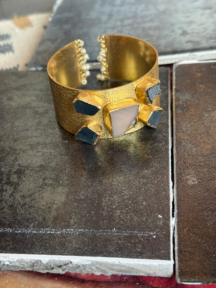 SHIVKA Designer Stone Brass Cuff | Adjustable Open Bracelet | Statement Festive Wear | 73g
