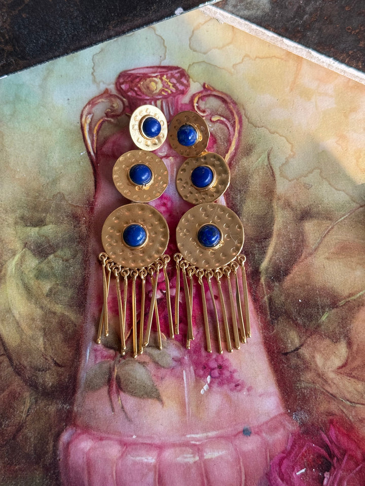 Handmade Brass Blue Statement Earrings | SHIVKA | 9.5x3 cm | 28g Pair | Push Back | Gift Jewelry