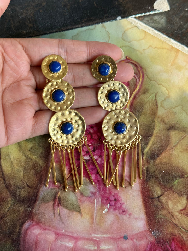 Handmade Brass Blue Statement Earrings | SHIVKA | 9.5x3 cm | 28g Pair | Push Back | Gift Jewelry