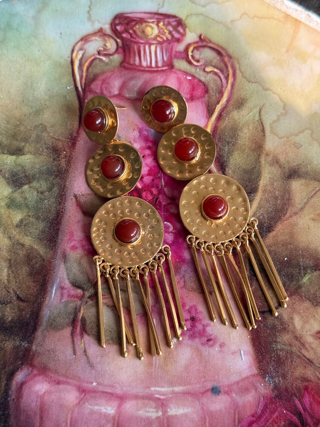 Handmade Brass Red Onyx Statement Earrings | SHIVKA | 9.5x3 cm | 28g Pair | Push Back | Gift Jewelry