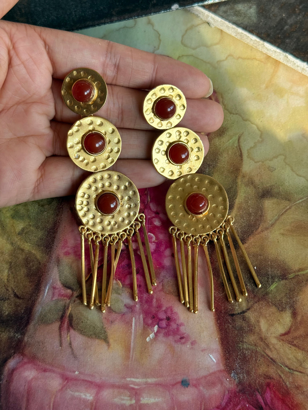 Handmade Brass Red Onyx Statement Earrings | SHIVKA | 9.5x3 cm | 28g Pair | Push Back | Gift Jewelry