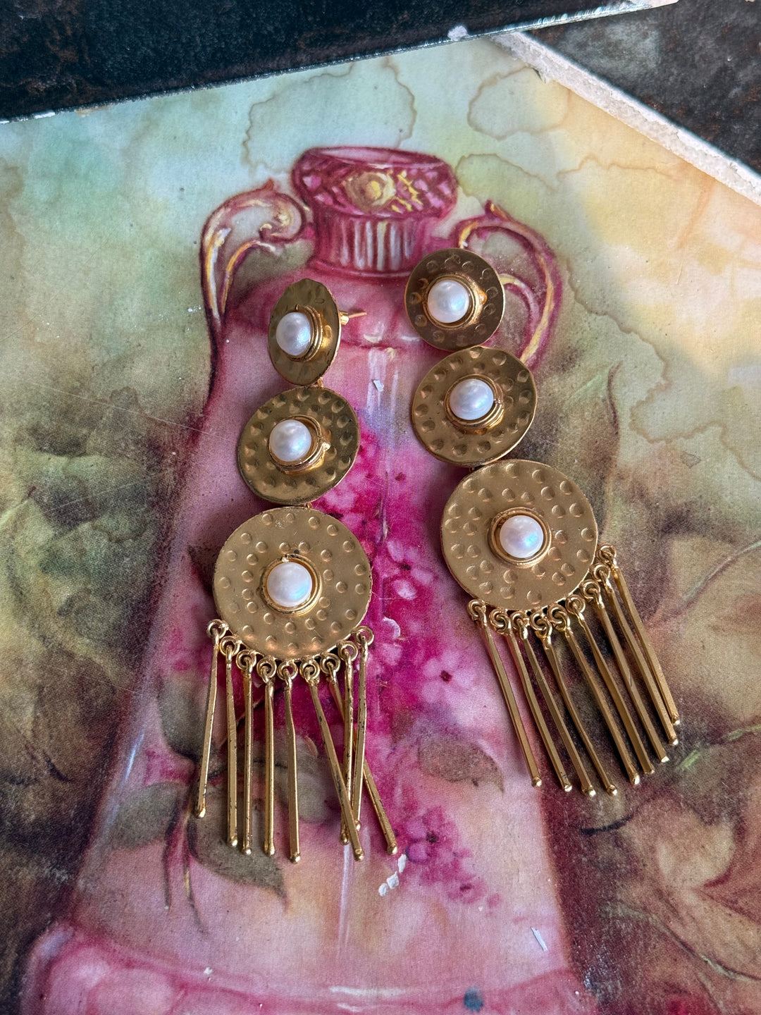 Handmade Brass Pearl Statement Earrings | SHIVKA | 9.5x3 cm | 28g Pair | Push Back | Gift Jewelry