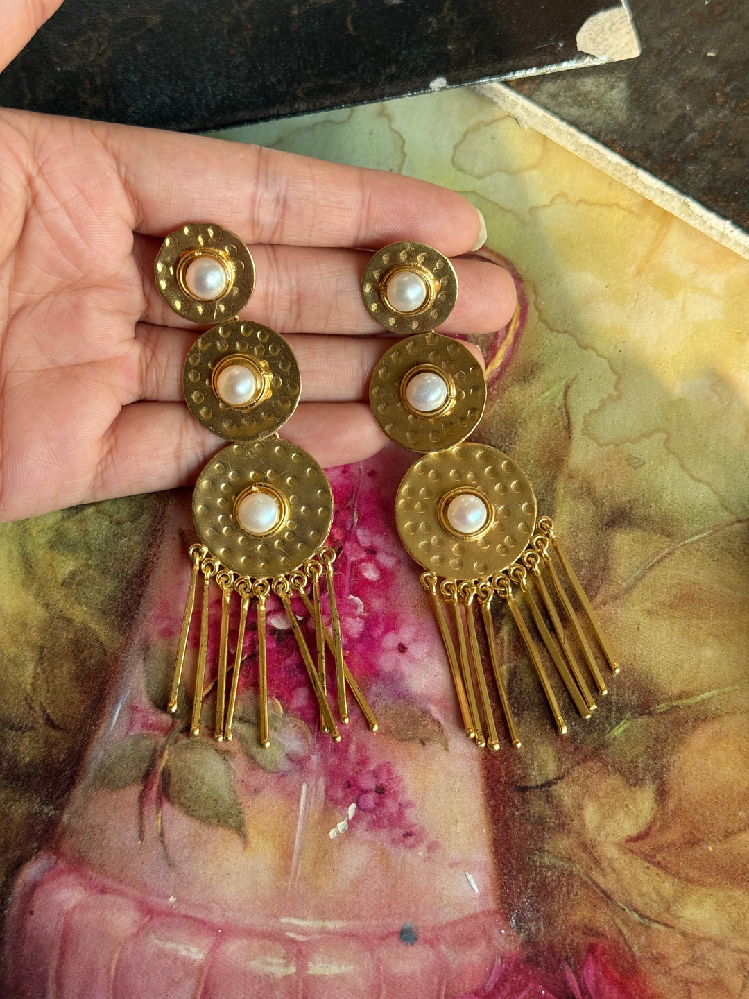 Handmade Brass Pearl Statement Earrings | SHIVKA | 9.5x3 cm | 28g Pair | Push Back | Gift Jewelry