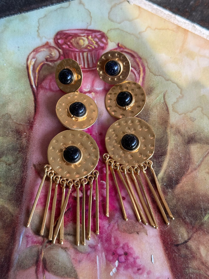 Handmade Brass Black Onyx Statement Earrings | SHIVKA | 9.5x3 cm | 28g Pair | Push Back | Gift Jewelry