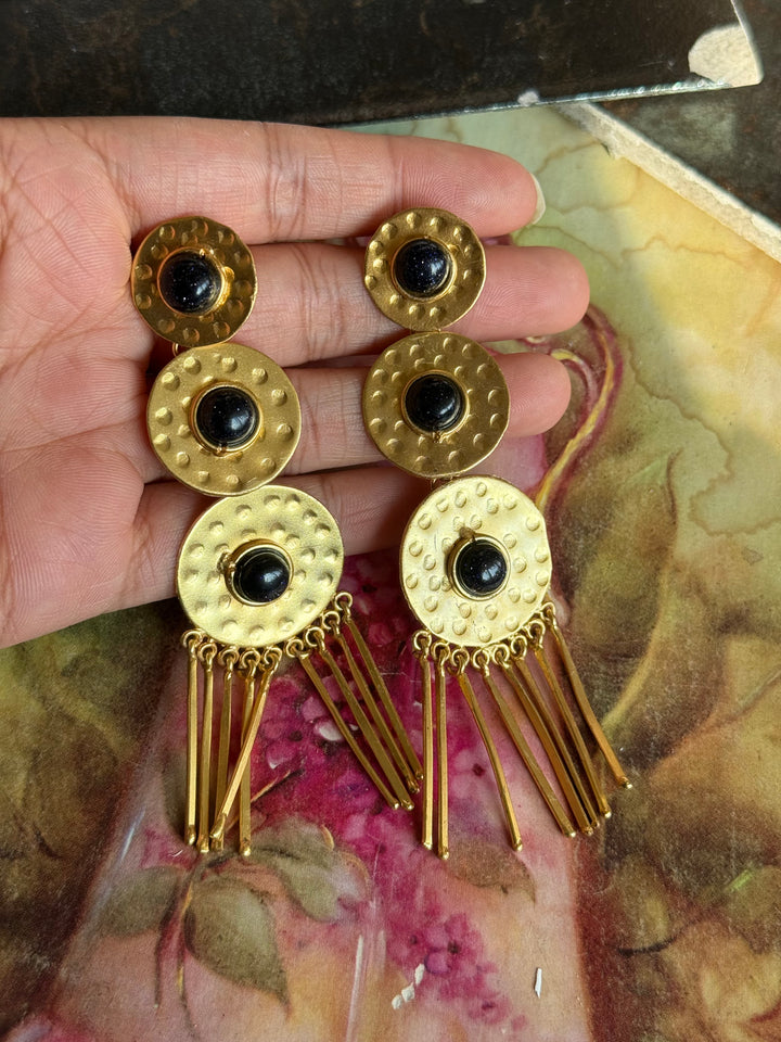 Handmade Brass Black Onyx Statement Earrings | SHIVKA | 9.5x3 cm | 28g Pair | Push Back | Gift Jewelry