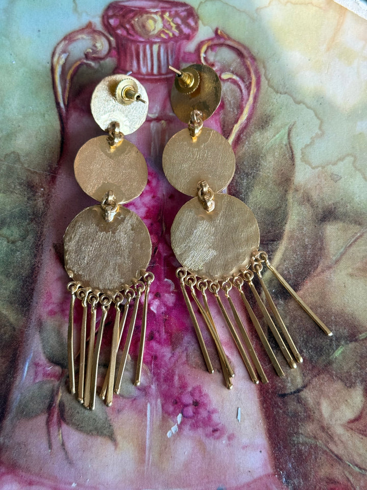 Handmade Brass Black Onyx Statement Earrings | SHIVKA | 9.5x3 cm | 28g Pair | Push Back | Gift Jewelry