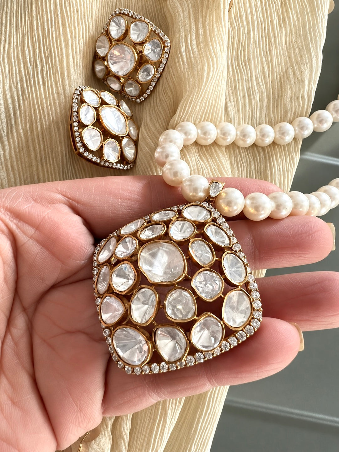 Pearl Strand 925 Silver Polki Pendant Necklace Set