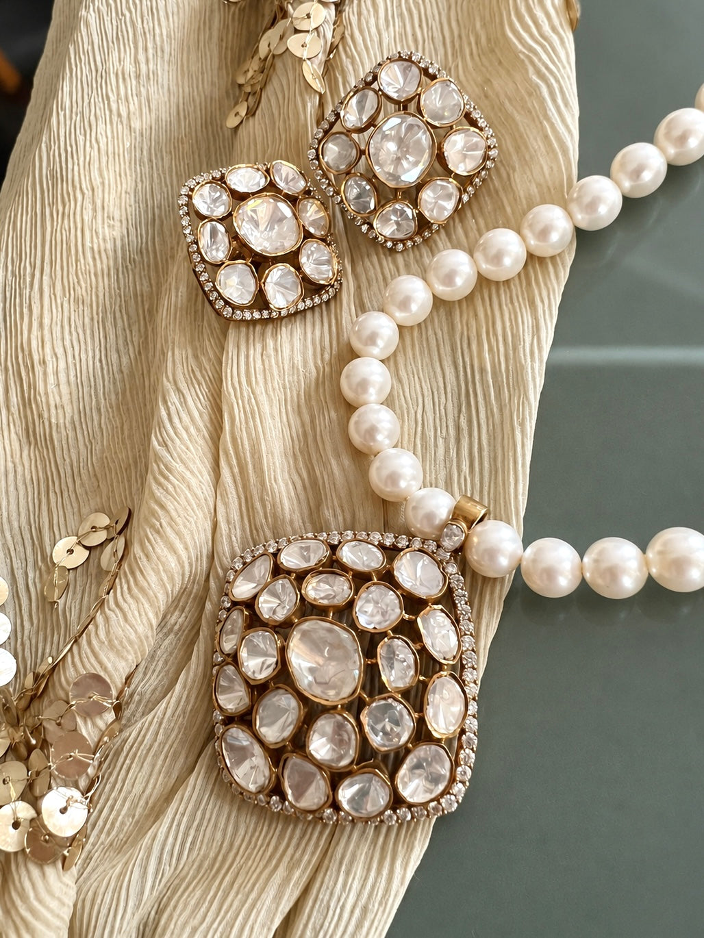 Pearl Strand 925 Silver Polki Pendant Necklace Set