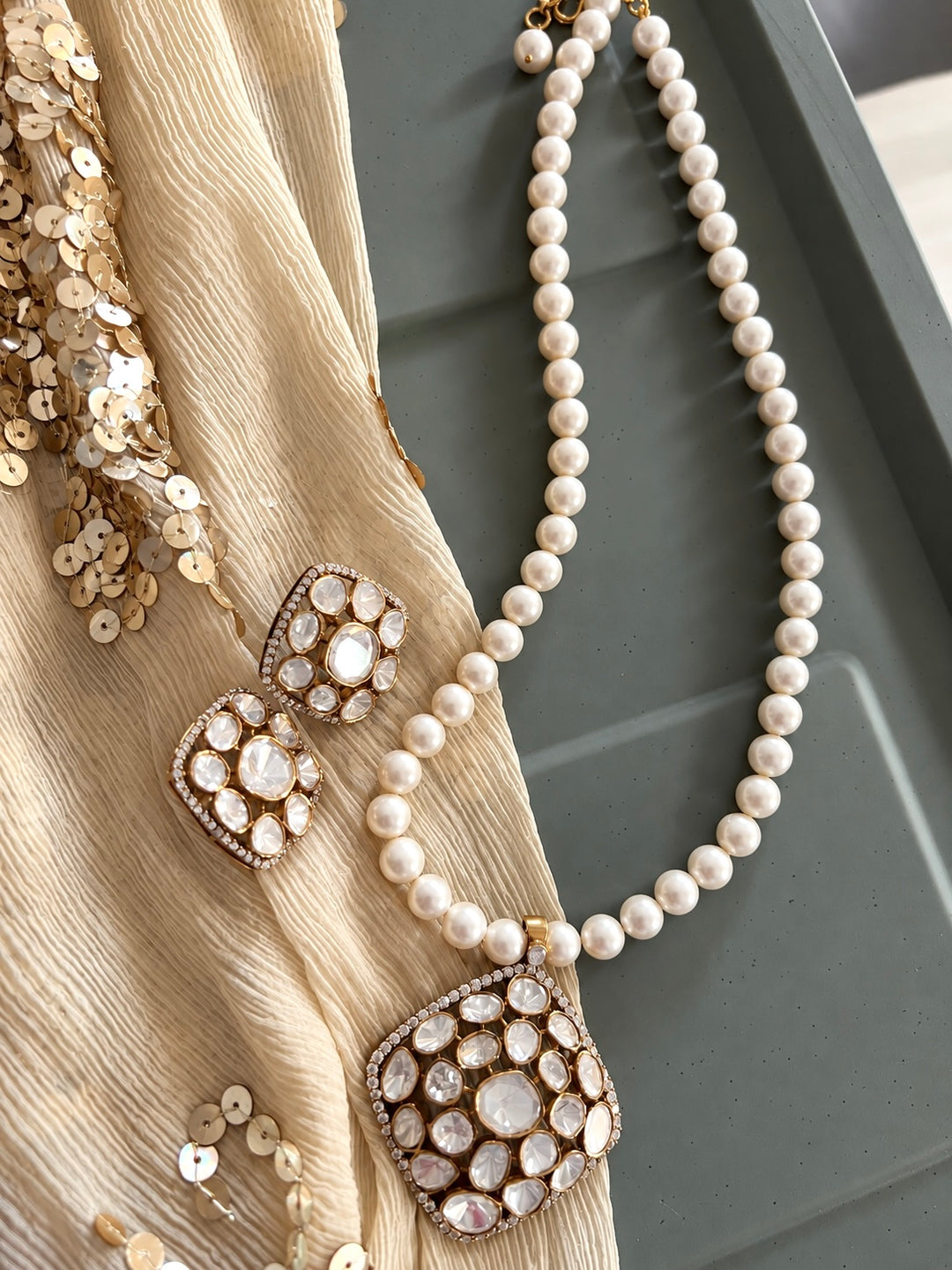 Pearl Strand 925 Silver Polki Pendant Necklace Set