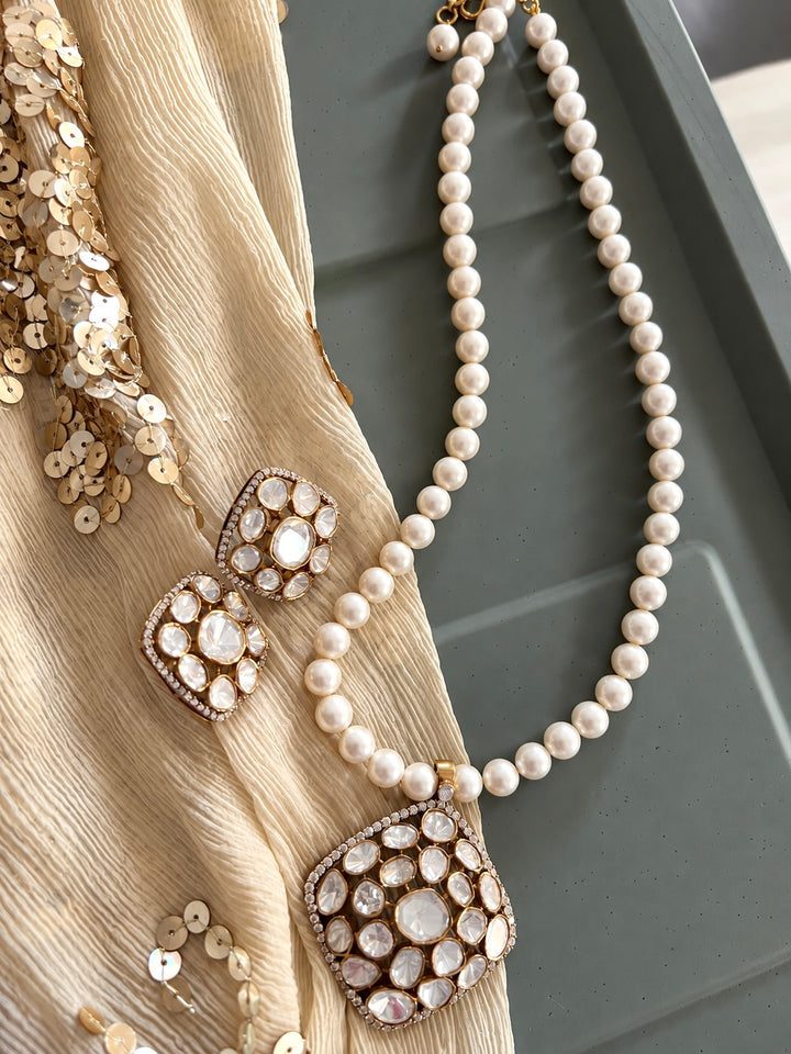 Pearl Strand 925 Silver Polki Pendant Necklace Set