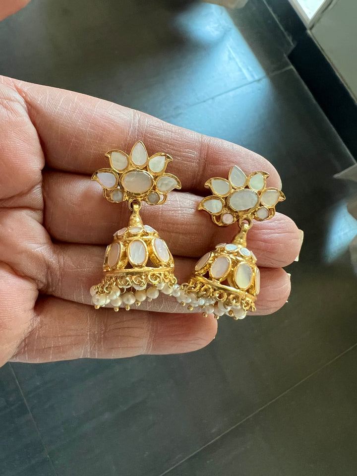 Exquisite Mother of Pearl 925 Silver Jhumka Earrings with Freshwater Pearls - Handmade