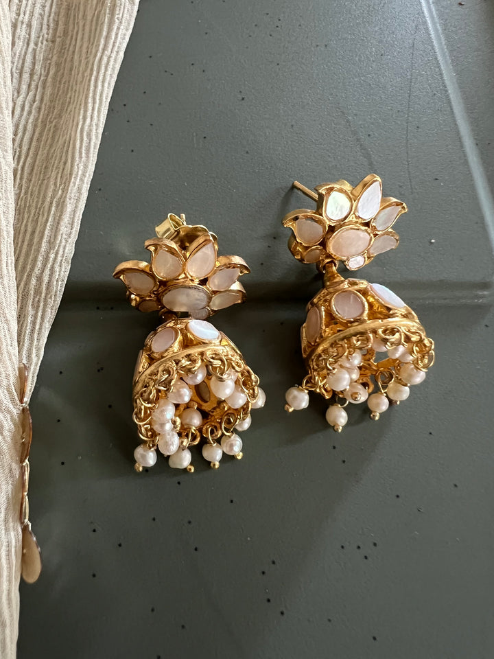 Exquisite Mother of Pearl 925 Silver Jhumka Earrings with Freshwater Pearls - Handmade