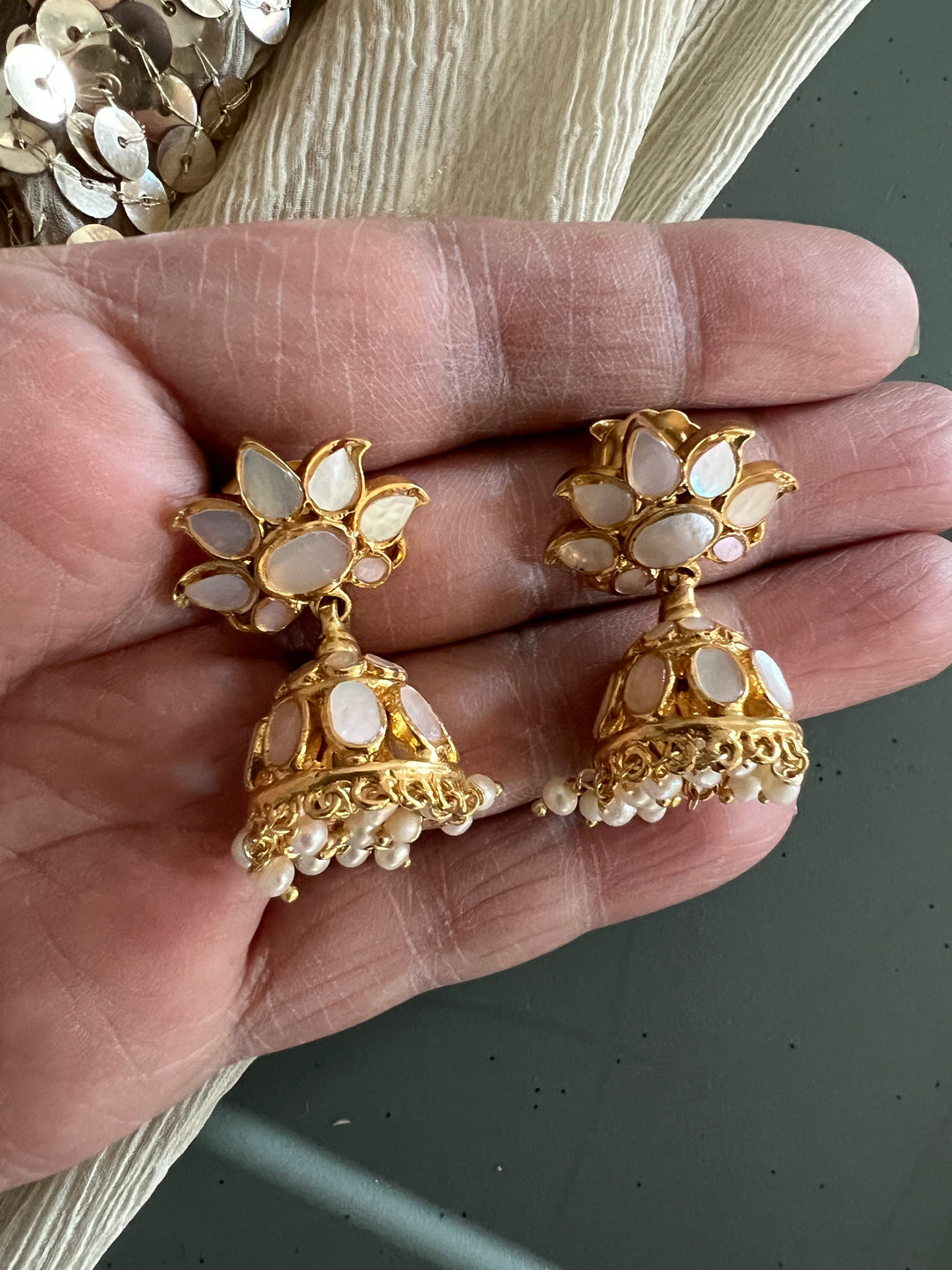 Exquisite Mother of Pearl 925 Silver Jhumka Earrings with Freshwater Pearls - Handmade