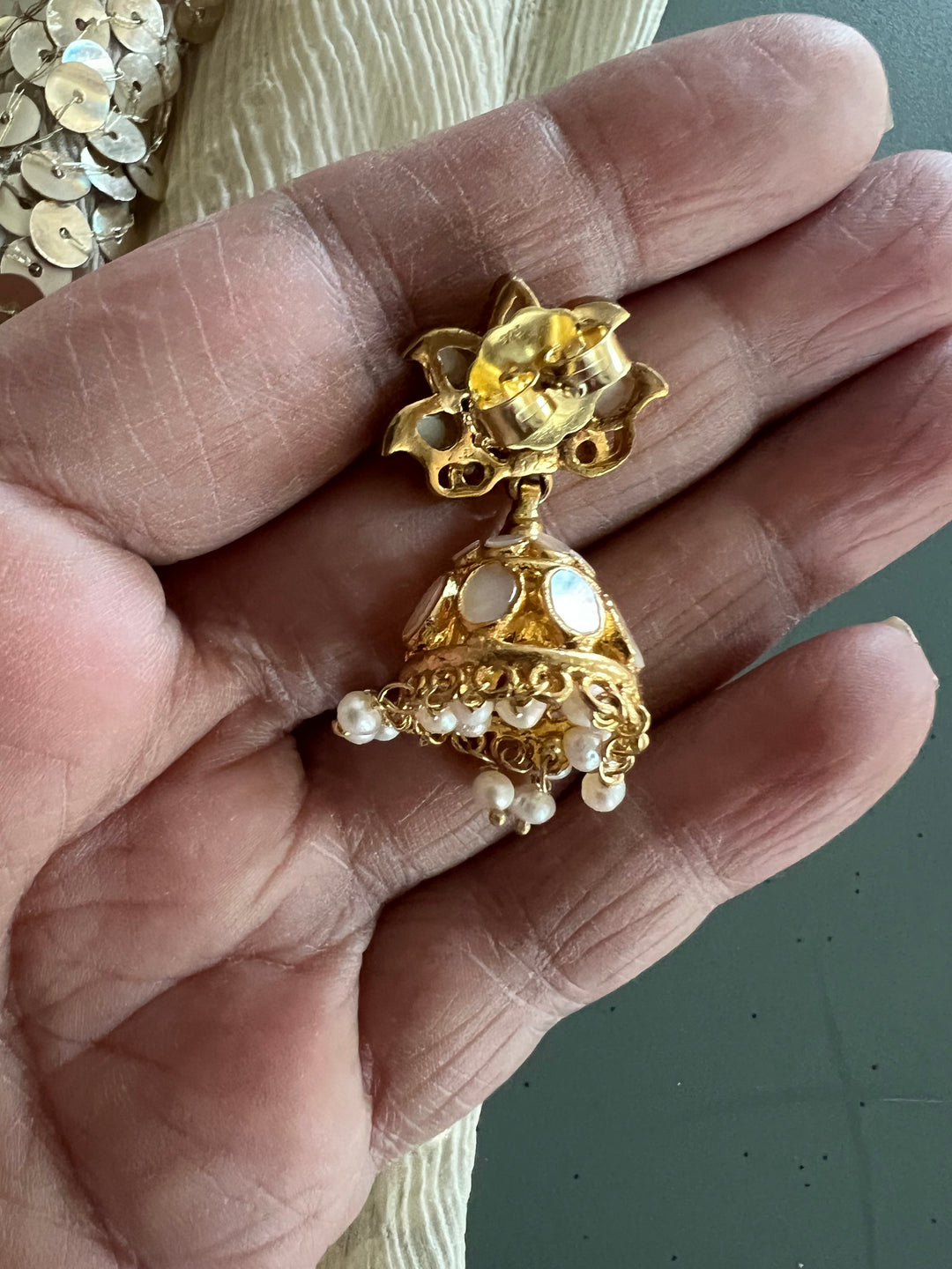 Exquisite Mother of Pearl 925 Silver Jhumka Earrings with Freshwater Pearls - Handmade