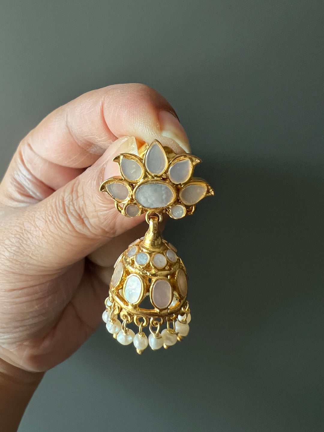 Exquisite Mother of Pearl 925 Silver Jhumka Earrings with Freshwater Pearls - Handmade