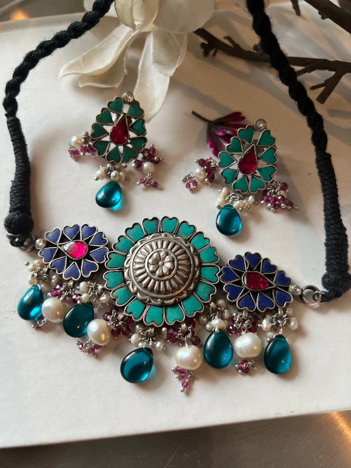 Pure 925 Silver Choker with Earrings