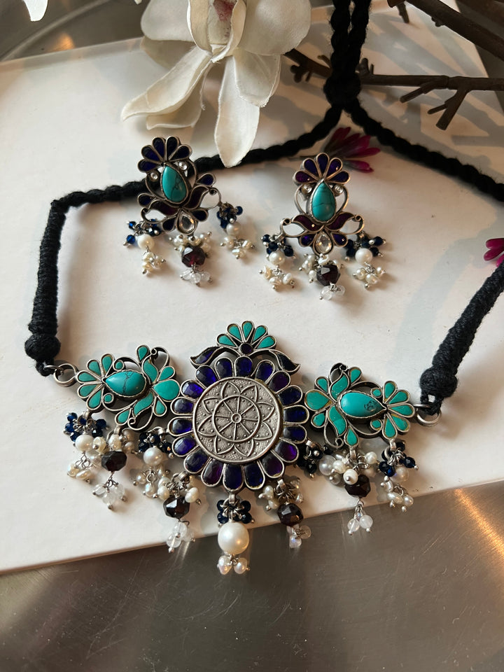 Pure 925 Silver Choker with Earrings