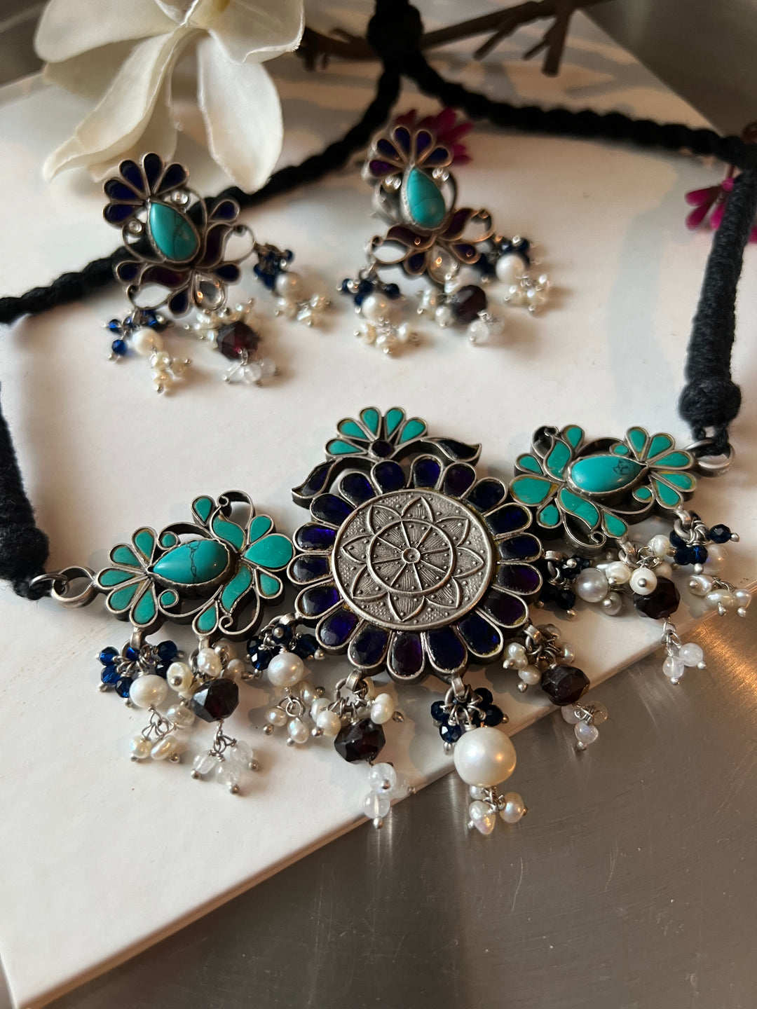 Pure 925 Silver Choker with Earrings