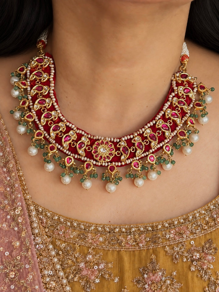 Fuchsia Pink 925 Silver Jadau Kundan Bird Necklace Set
