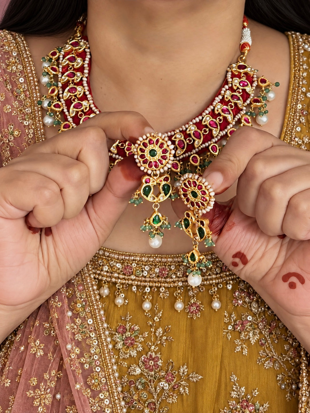 Fuchsia Pink 925 Silver Jadau Kundan Bird Necklace Set