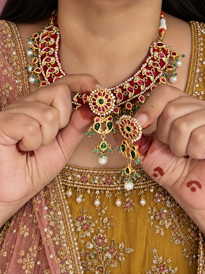 Fuchsia Pink 925 Silver Jadau Kundan Bird Necklace Set
