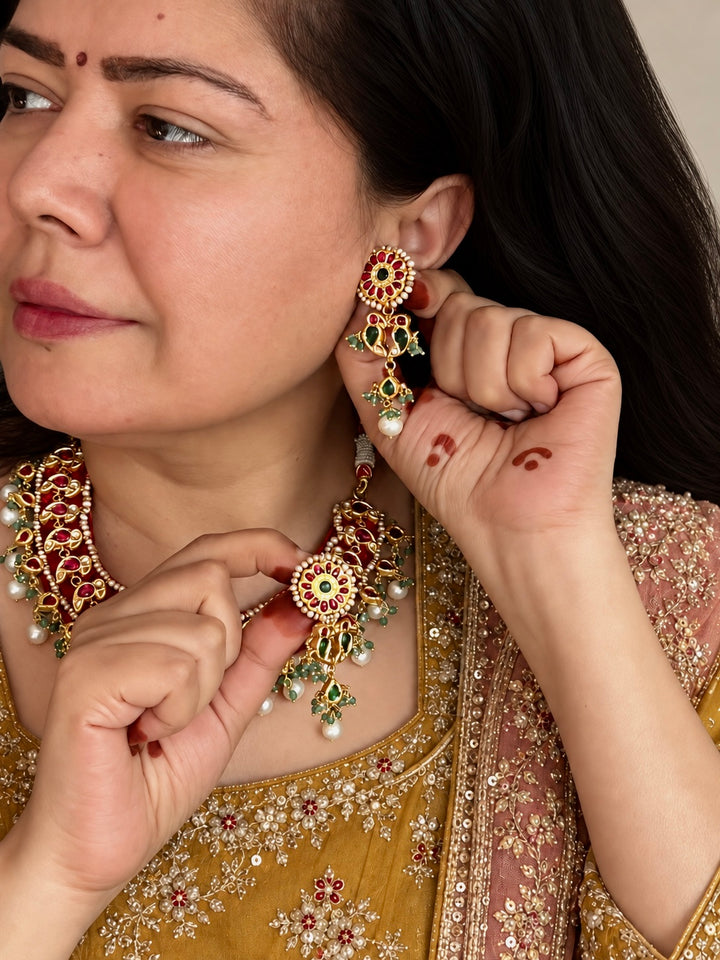 Fuchsia Pink 925 Silver Jadau Kundan Bird Necklace Set