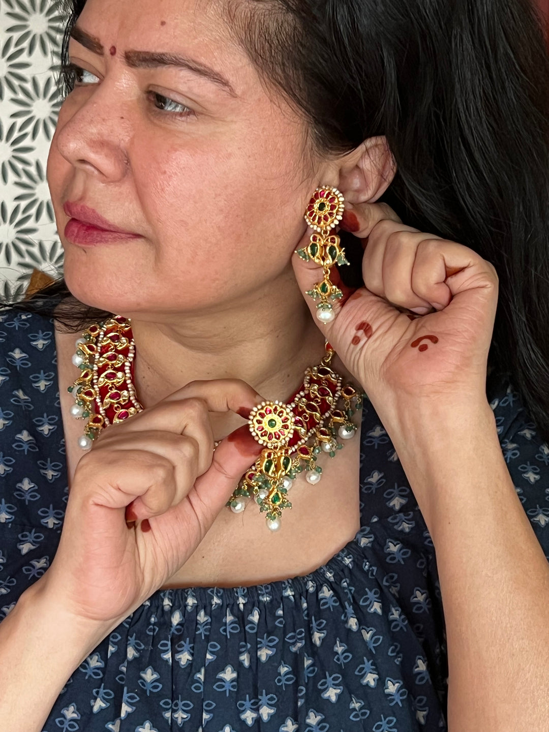 Elegant 925 Silver Jadau Kundan Necklace Set