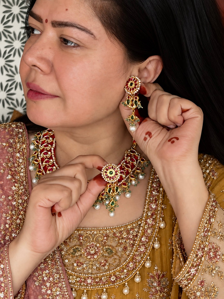 Fuchsia Pink 925 Silver Jadau Kundan Bird Necklace Set