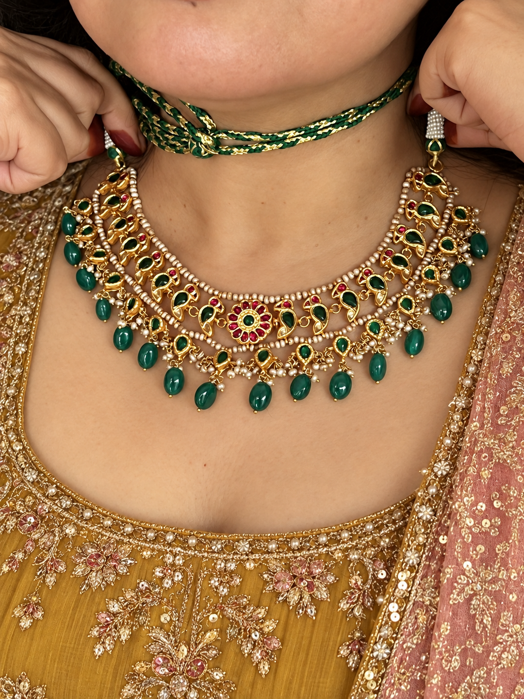 Emerald Green 925 Silver Jadau Kundan Bird Necklace Set