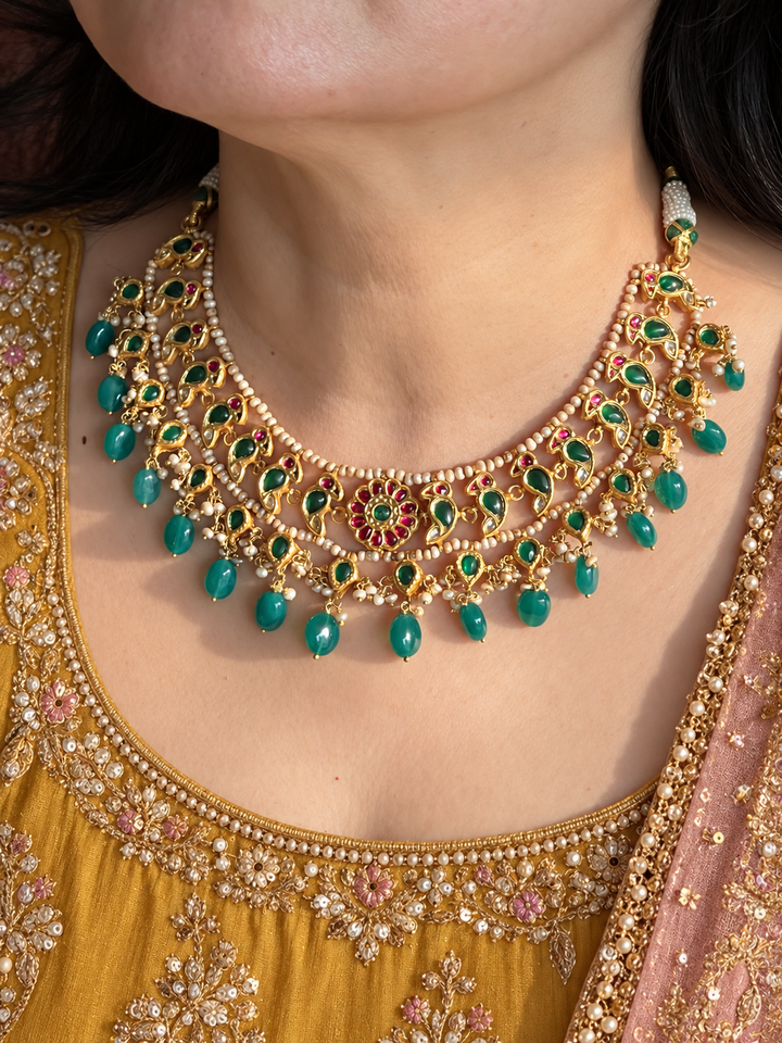 Emerald Green 925 Silver Jadau Kundan Bird Necklace Set
