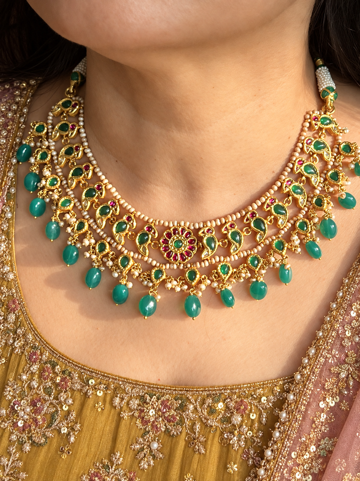 Emerald Green 925 Silver Jadau Kundan Bird Necklace Set