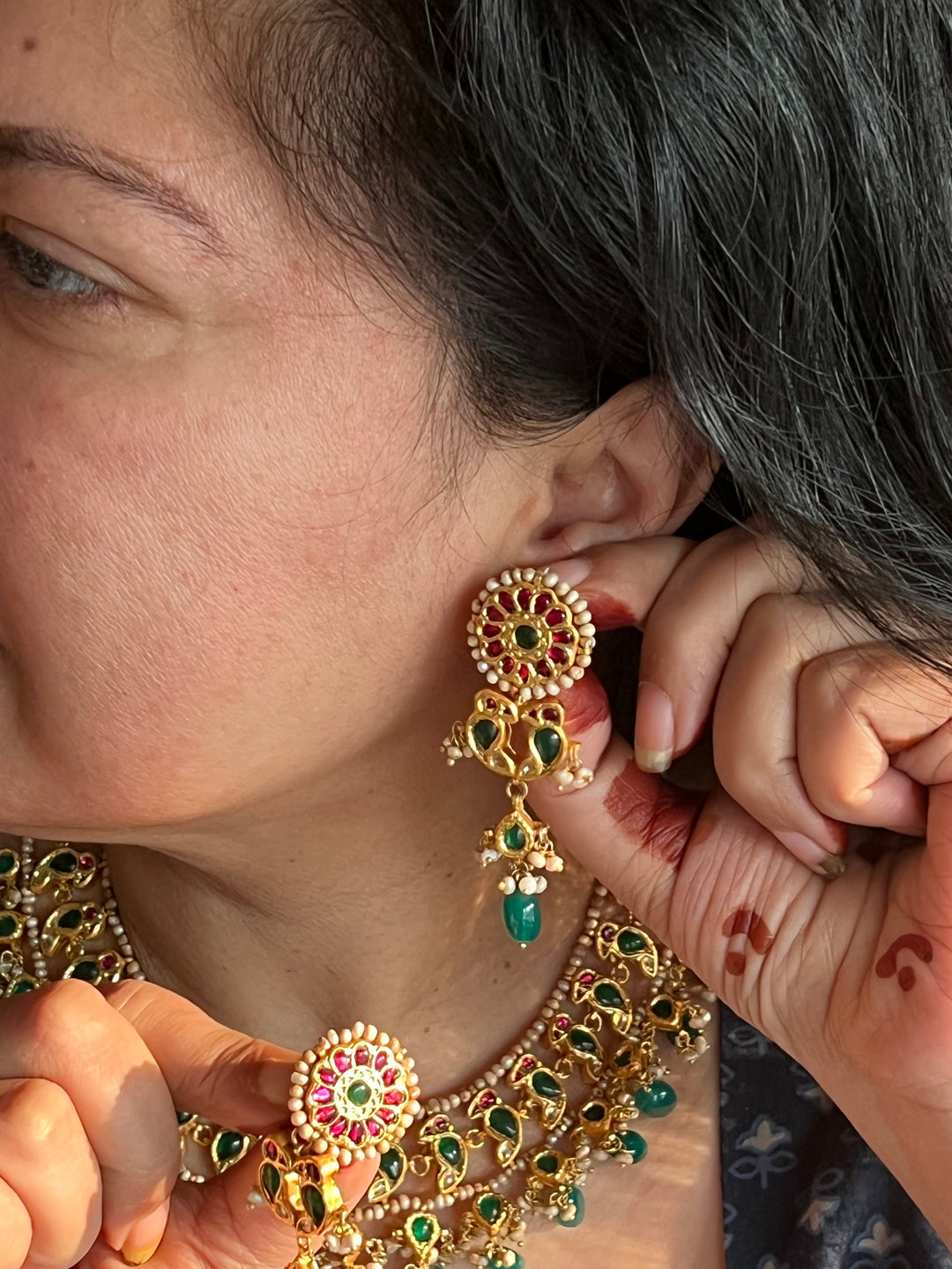 Elegant 925 Silver Jadau Kundan Necklace Set