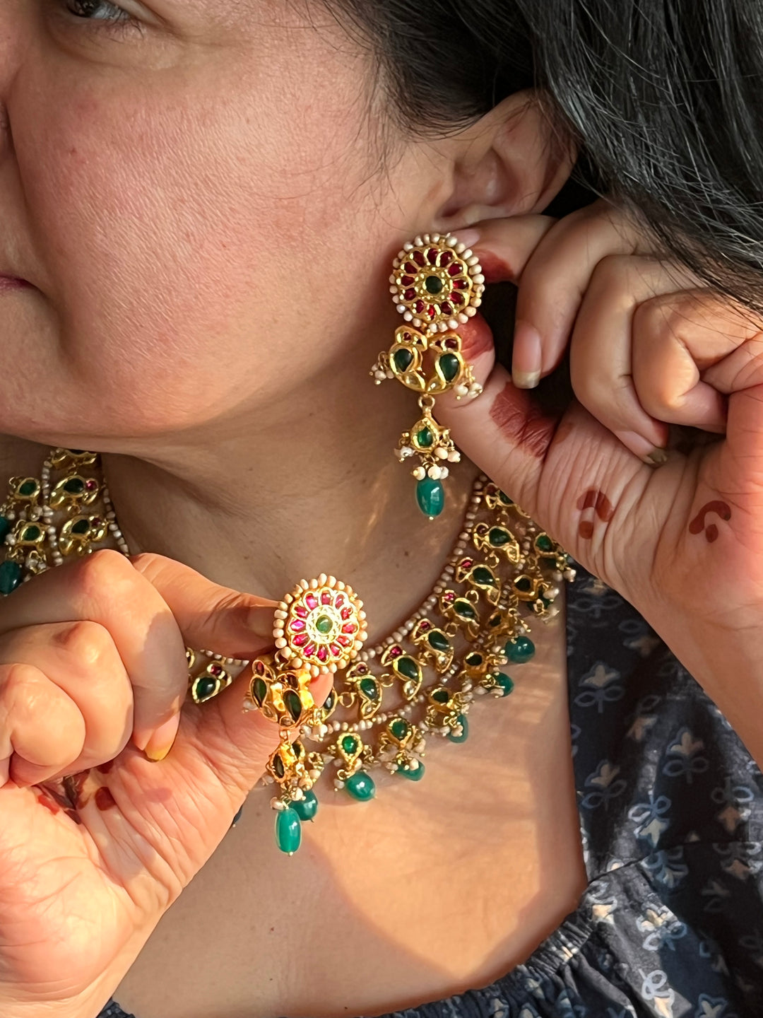 Elegant 925 Silver Jadau Kundan Necklace Set