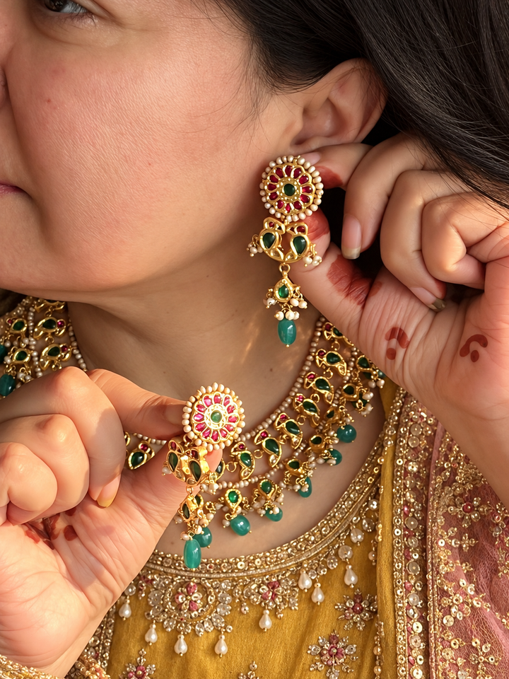 Emerald Green 925 Silver Jadau Kundan Bird Necklace Set