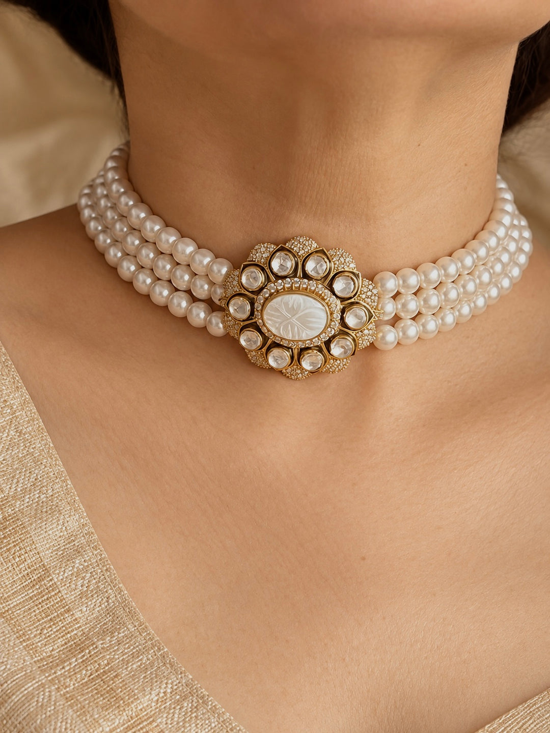Carved Mother of Pearl 925 Silver Pearl Choker Set
