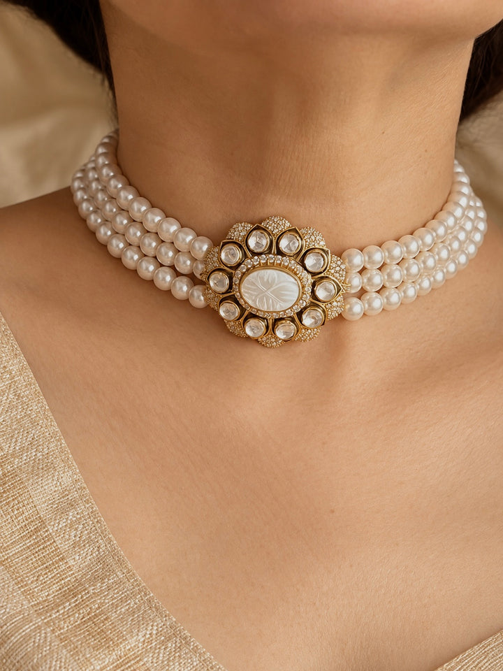 Carved Mother of Pearl 925 Silver Pearl Choker Set