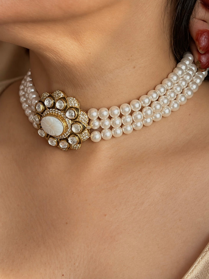 Carved Mother of Pearl 925 Silver Pearl Choker Set