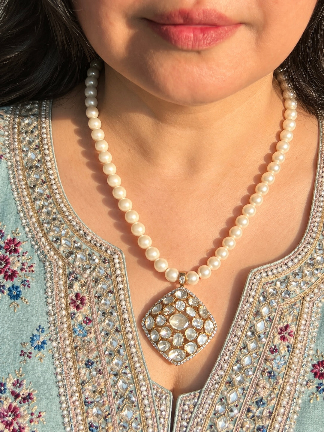 Pearl Strand 925 Silver Polki Pendant Necklace Set