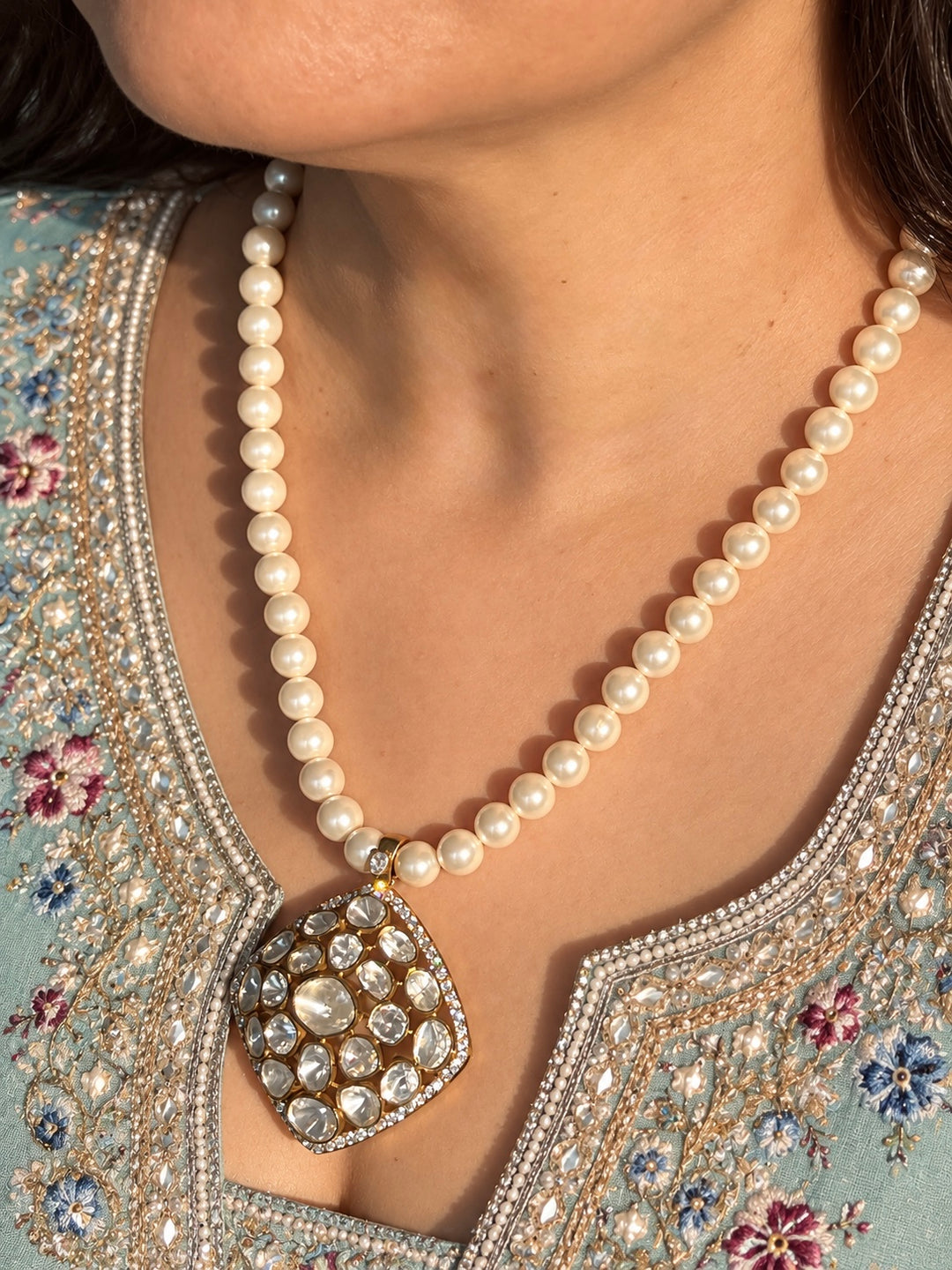 Pearl Strand 925 Silver Polki Pendant Necklace Set