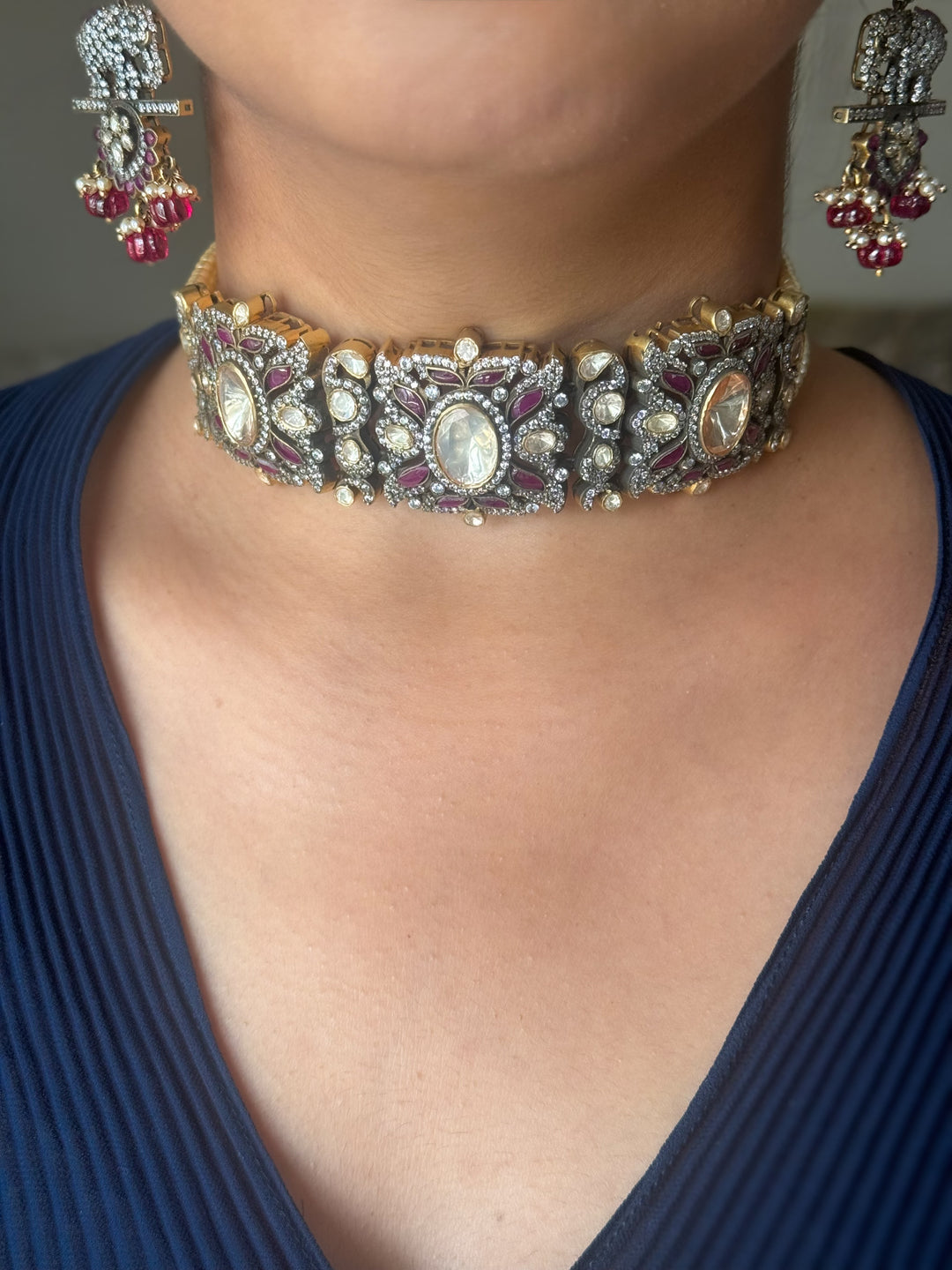 Handmade Victorian 925 Silver Polki Kundan Choker Set | SHIVKA