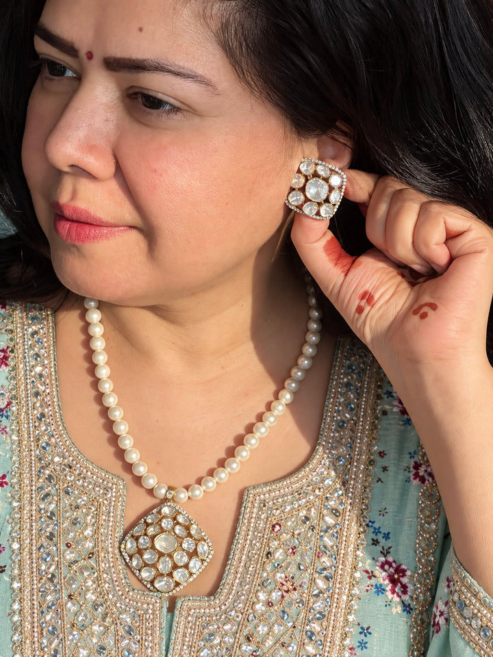 Pearl Strand 925 Silver Polki Pendant Necklace Set