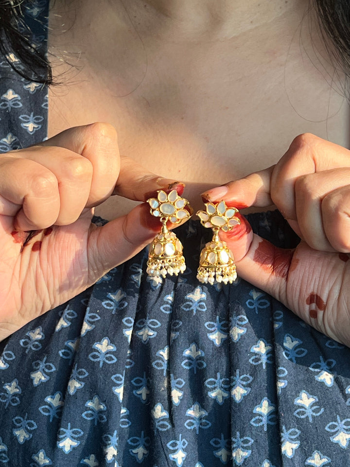 Exquisite Mother of Pearl 925 Silver Jhumka Earrings with Freshwater Pearls - Handmade