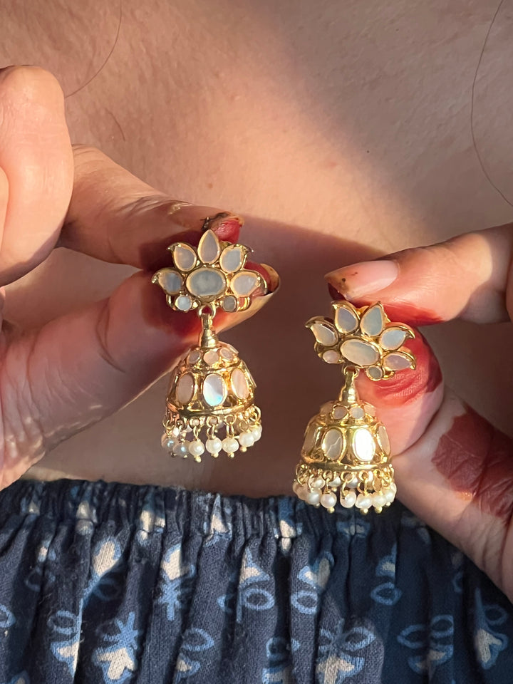 Exquisite Mother of Pearl 925 Silver Jhumka Earrings with Freshwater Pearls - Handmade